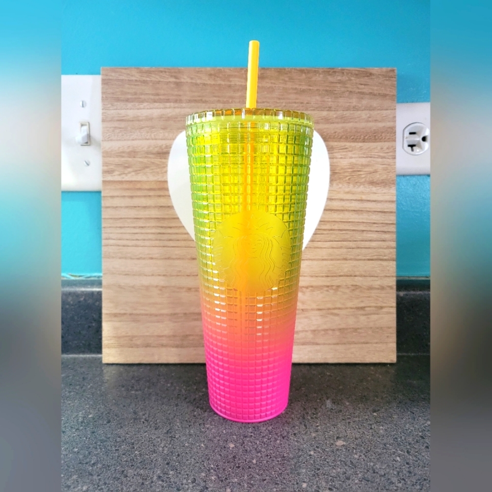 Starbucks Neon Yellow Pink Ombre Grid Venti Tumbler